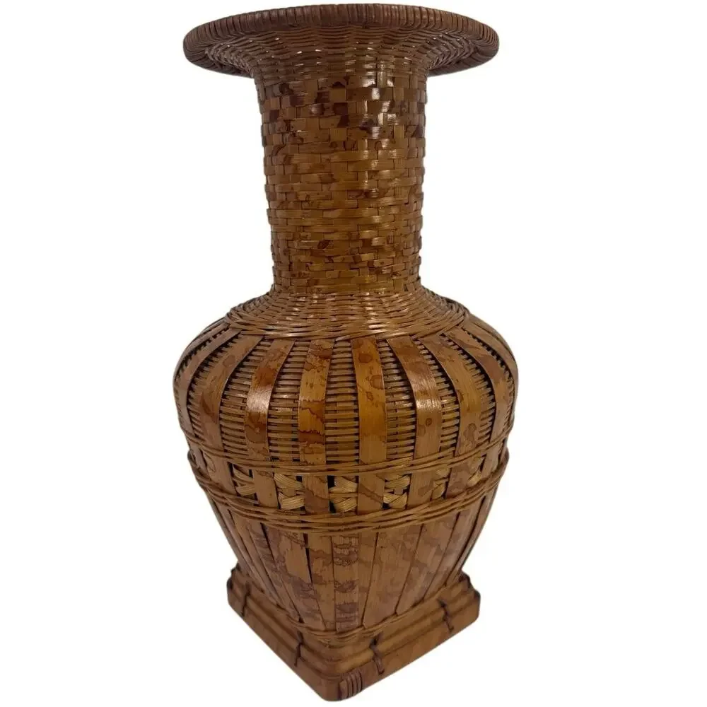 Vintage 70s Hand Woven Wicker Bamboo Bottle Vase 12